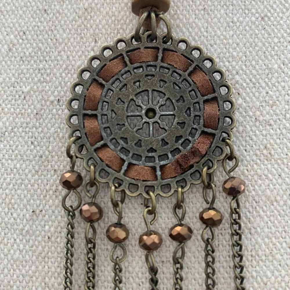 Bronze Tone Radial Medallion Tassel Necklace Long Drop